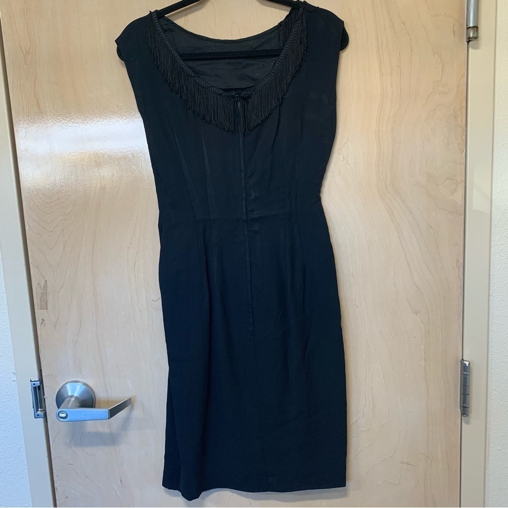 Handmade No Tags Vintage Dress Women Black with tassel fringe at neck. LBD - Picture 3 of 9